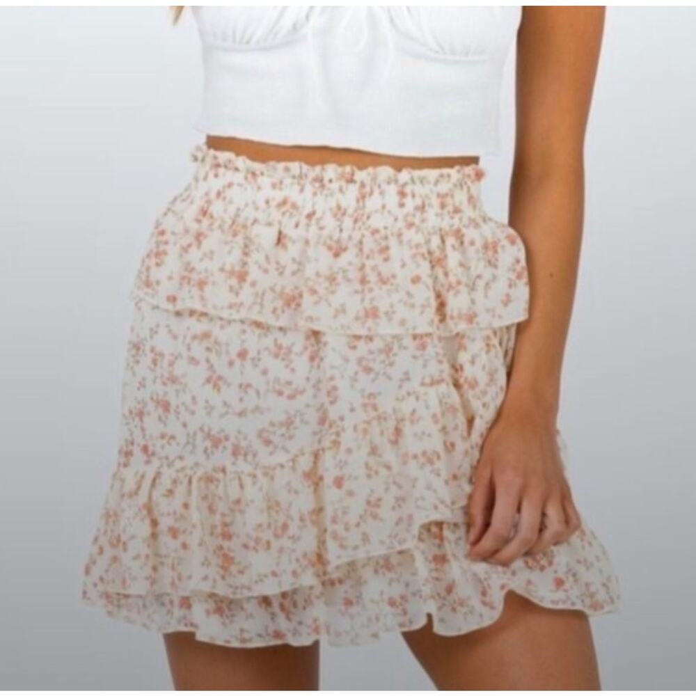 PRINCESS POLLY Edith Tiered Floral Mini Skirt Size US 4 Cream Pink Ruffled